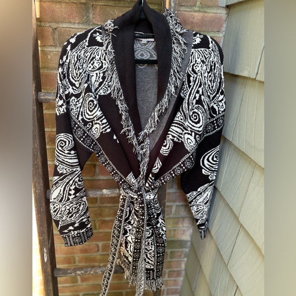 Sioni Belted Wrap Fringe Sweater